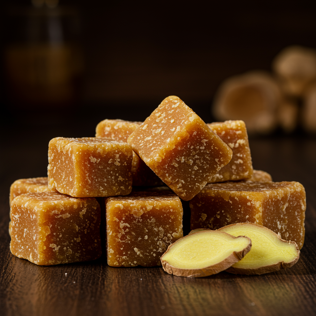 freepik cubed jaggery heap on dark wood rich amber rough blocks knobby lightbrown ginger slices in front warm cozy lighting 0001